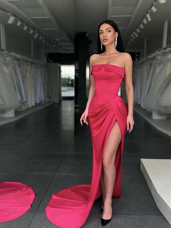 Sheath/Column  Woven Satin Ruched Strapless Sleeveless Sweep/Brush Train Dresses