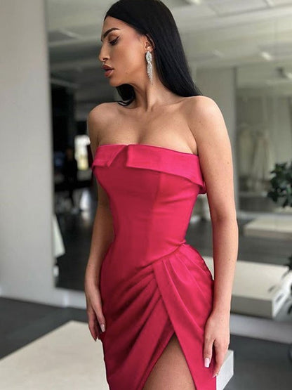 Sheath/Column  Woven Satin Ruched Strapless Sleeveless Sweep/Brush Train Dresses