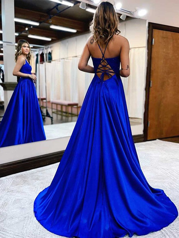 A-Line/Princess  Woven Satin Applique V-neck Sleeveless Sweep/Brush Train Dresses