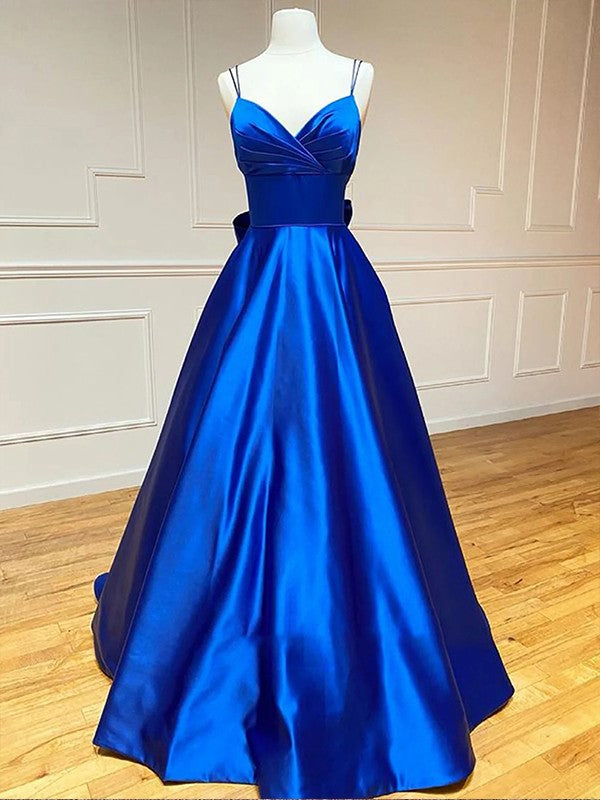 A-Line/Princess Satin Bowknot V-neck Sleeveless Court Train Dresses
