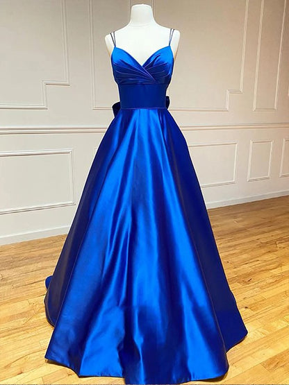 A-Line/Princess Satin Bowknot V-neck Sleeveless Court Train Dresses