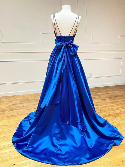 A-Line/Princess Satin Bowknot V-neck Sleeveless Court Train Dresses