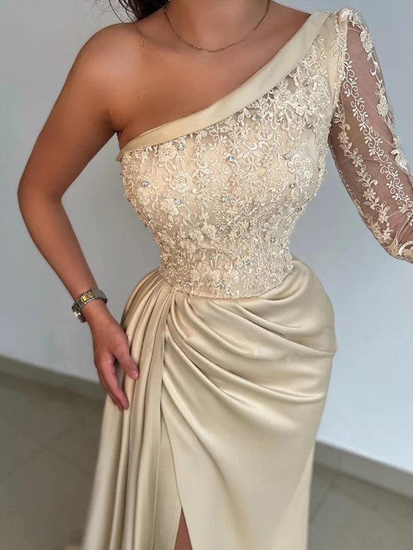 Sheath/Column  Woven Satin Lace One-Shoulder Long Sleeves Sweep/Brush Train Dresses