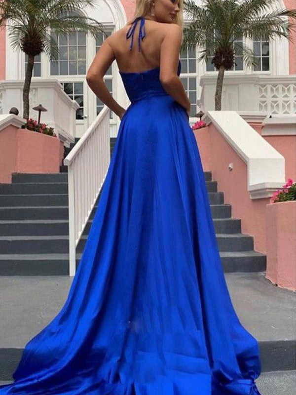 A-Line/Princess  Woven Satin Ruffles V-neck Sleeveless Sweep/Brush Train Dresses