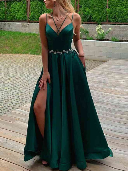 A-Line/Princess  Woven Satin Spaghetti Straps Sleeveless Sweep/Brush Train Dresses