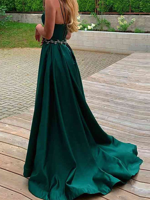 A-Line/Princess  Woven Satin Spaghetti Straps Sleeveless Sweep/Brush Train Dresses