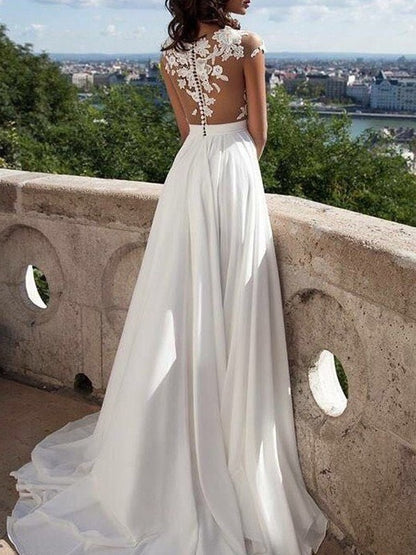 A-Line/Princess Short Sleeves Scoop Sweep/Brush Train Applique Chiffon Dresses