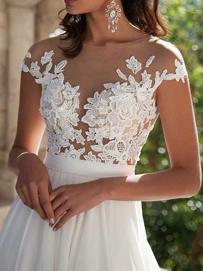 A-Line/Princess Short Sleeves Scoop Sweep/Brush Train Applique Chiffon Dresses