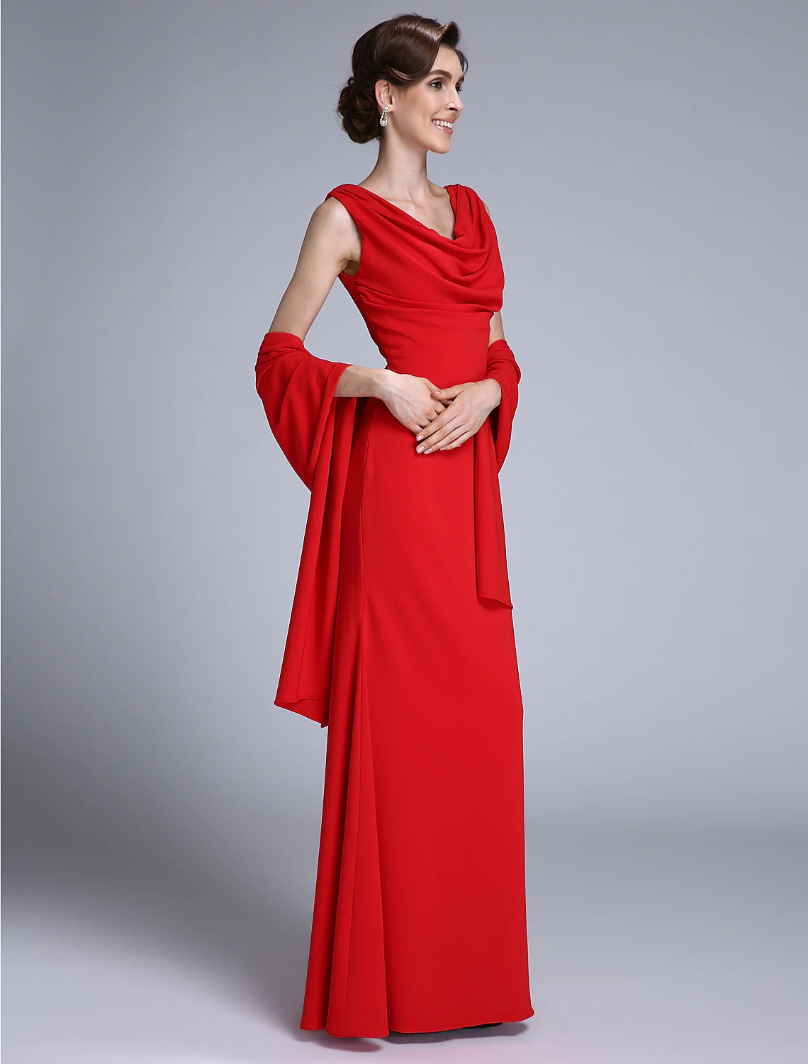 Mermaid / Trumpet Mother of the Bride Dress Wrap Included Cowl Neck Floor Length Chiffon Sleeveless yes with Pleats