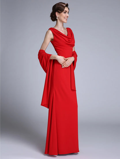 Mermaid / Trumpet Mother of the Bride Dress Wrap Included Cowl Neck Floor Length Chiffon Sleeveless yes with Pleats