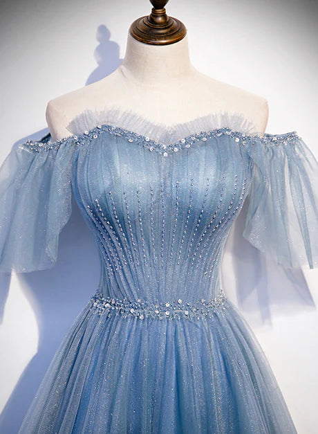 Charming light blue sheer bubble sleeves and floor to floor party dress, blue A-line strapless long evening dress