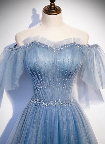 Charming light blue sheer bubble sleeves and floor to floor party dress, blue A-line strapless long evening dress