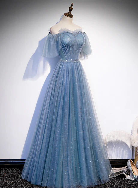 Charming light blue sheer bubble sleeves and floor to floor party dress, blue A-line strapless long evening dress