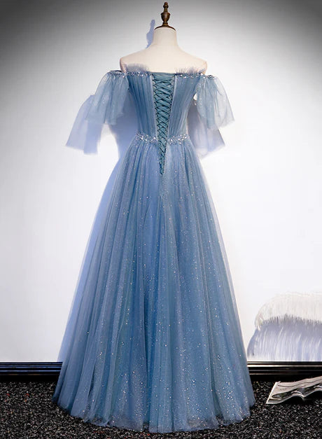 Charming light blue sheer bubble sleeves and floor to floor party dress, blue A-line strapless long evening dress