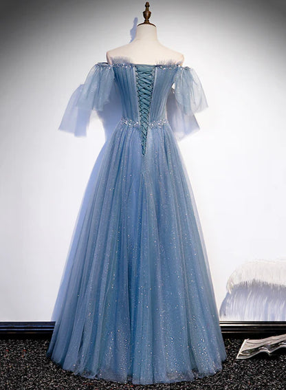 Charming light blue sheer bubble sleeves and floor to floor party dress, blue A-line strapless long evening dress