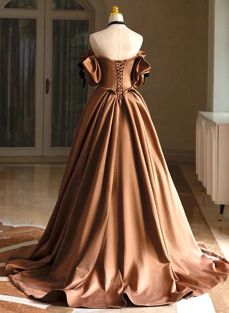Noble A-line brown satin off shoulder round ball dress, princess brown strapless short sleeved off back satin evening dress