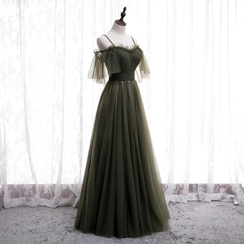 Cute and minimalist off shoulder long sheer party dress, minimalist off back sheer and floor length evening dress