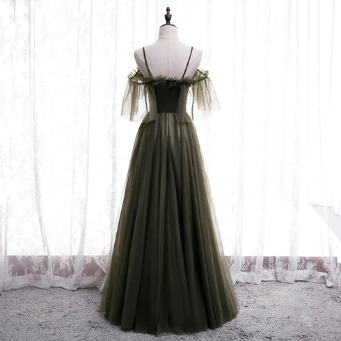 Cute and minimalist off shoulder long sheer party dress, minimalist off back sheer and floor length evening dress