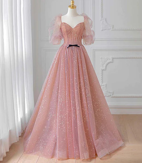 Pink sheer beautiful bubble sleeve long ball dress, pink A-line backless star print and floor length evening dress