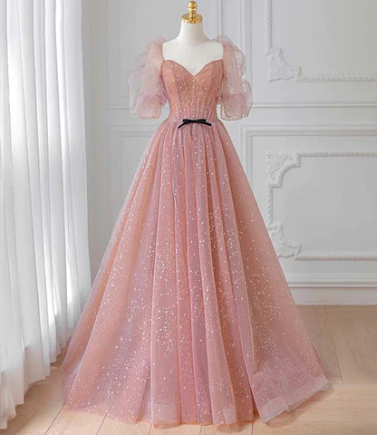 Pink sheer beautiful bubble sleeve long ball dress, pink A-line backless star print and floor length evening dress