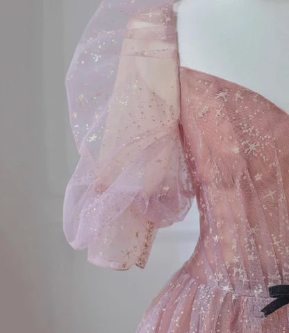 Pink sheer beautiful bubble sleeve long ball dress, pink A-line backless star print and floor length evening dress