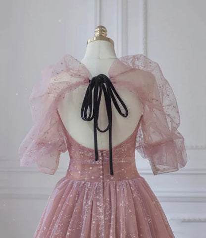 Pink sheer beautiful bubble sleeve long ball dress, pink A-line backless star print and floor length evening dress