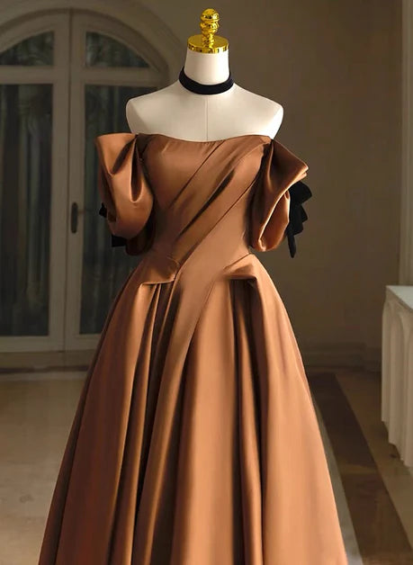 Noble A-line brown satin off shoulder round ball dress, princess brown strapless short sleeved off back satin evening dress