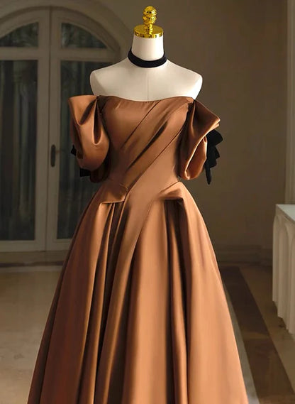 Noble A-line brown satin off shoulder round ball dress, princess brown strapless short sleeved off back satin evening dress