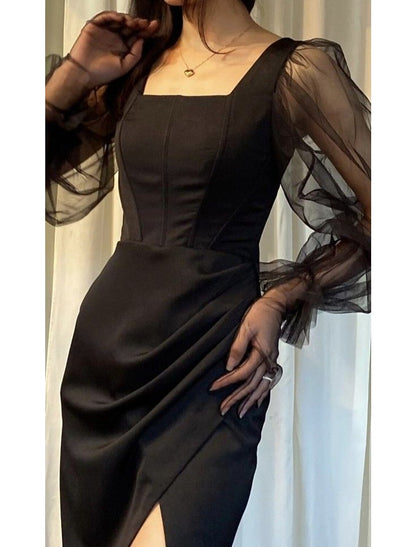 Mermaid / Trumpet Evening Gown Black Dress Dress Wedding Guest Black Tie Floor Length Long Sleeve Square Neck Stretch Fabric with Ruched Slit