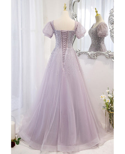 Beautiful lavender square neckline, fluffy short sleeved beaded sequin ball dress, lavender A-line backless and floor length evening dress