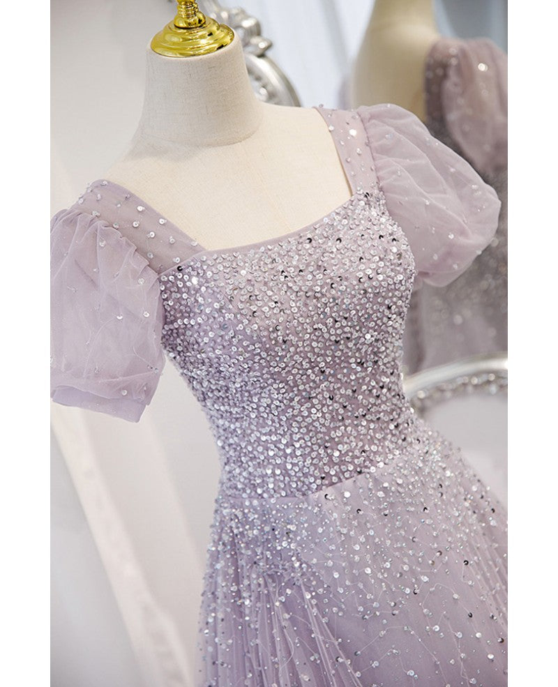 Beautiful lavender square neckline, fluffy short sleeved beaded sequin ball dress, lavender A-line backless and floor length evening dress