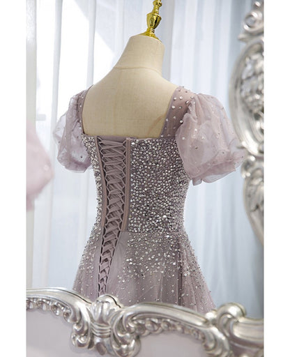 Beautiful lavender square neckline, fluffy short sleeved beaded sequin ball dress, lavender A-line backless and floor length evening dress