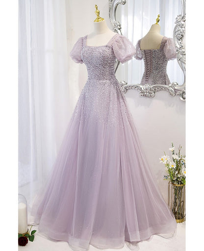 Beautiful lavender square neckline, fluffy short sleeved beaded sequin ball dress, lavender A-line backless and floor length evening dress