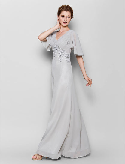 Sheath / Column Mother of the Bride Dress Open Back V Neck Floor Length Chiffon Half Sleeve No with Criss Cross Beading