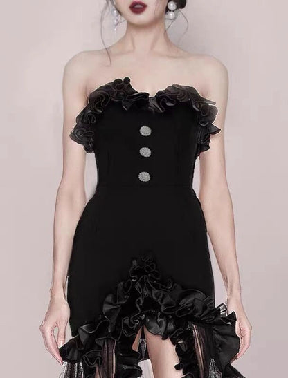 A-Line Prom Dresses Vintage Dress Party Wear Wedding Party Sweep / Brush Train Sleeveless Strapless Lace with Slit Appliques