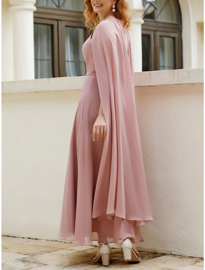 A-Line Mother of the Bride Dress Wedding Guest Elegant Jewel Neck Ankle Length Chiffon Sleeveless with Ruching Solid Color