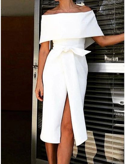 Reception Little White Dresses Wedding Dresses Sheath / Column Off Shoulder Short Sleeve Knee Length Stretch Fabric Bridal Gowns With Bow(s) Split Front