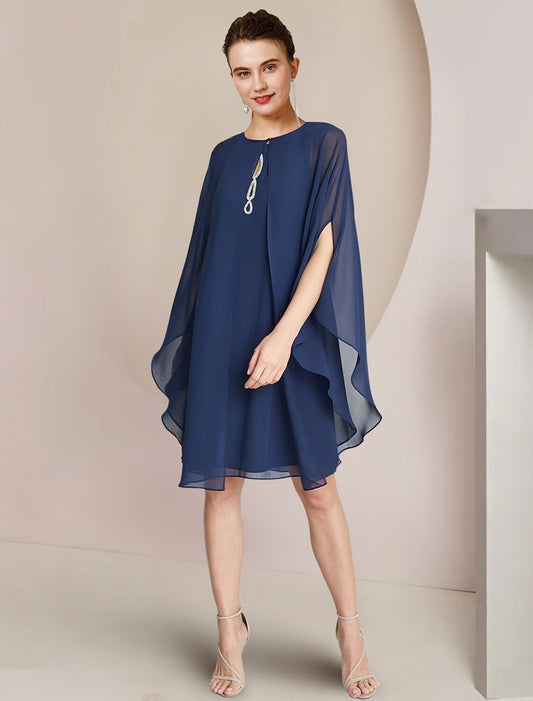 A-Line Mother of the Bride Dress Wedding Guest Elegant Petite Jewel Neck Knee Length Chiffon Long Sleeve with Crystals Ruffles