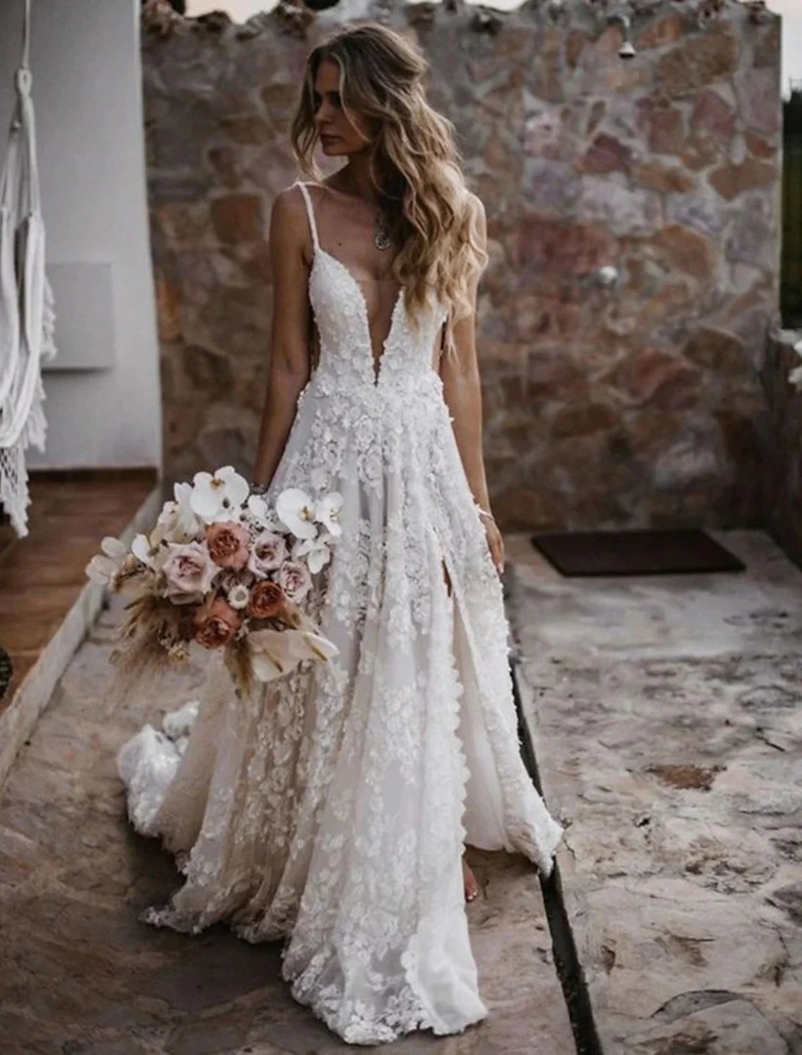 Beach Sexy Boho Wedding Dresses A-Line Sweetheart Camisole Spaghetti Strap Court Train Lace Outdoor Bridal Gowns With Appliques Split Front Summer Wedding Party  Women‘s Clothing