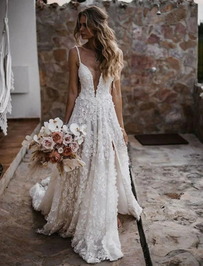 Beach Sexy Boho Wedding Dresses A-Line Sweetheart Camisole Spaghetti Strap Court Train Lace Outdoor Bridal Gowns With Appliques Split Front Summer Wedding Party  Women‘s Clothing