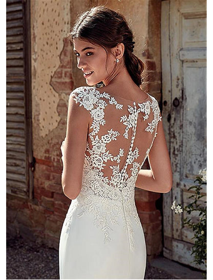 Beach Open Back Wedding Dresses Mermaid / Trumpet Illusion Neck Cap Sleeve Court Train Chiffon Outdoor Bridal Gowns With Appliques Summer Fall Wedding Party  Women‘s Clothing