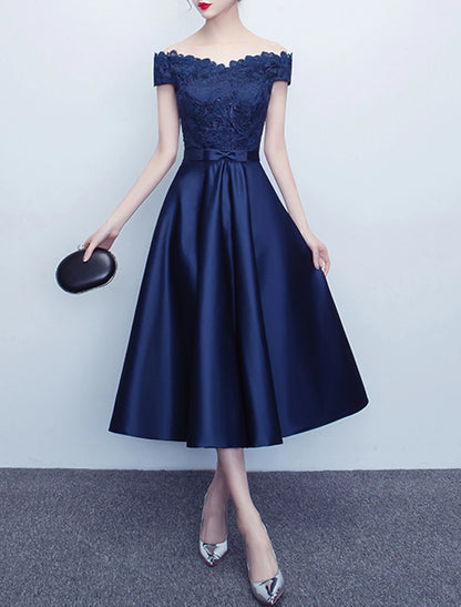 A-Line Cocktail Dresses Elegant Dress Wedding Guest Party Wear Tea Length Short Sleeve Off Shoulder Satin with Sash / Ribbon Bow(s) Pleats
