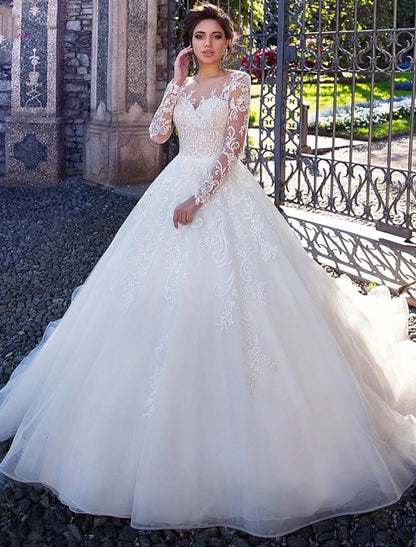Engagement Formal Fall Wedding Dresses Ball Gown Illusion Neck Long Sleeve Court Train Lace Bridal Gowns With Lace Appliques Summer Wedding Party Women‘s Clothing