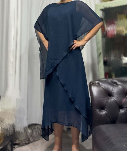 Elegant Relaxed Shift Silhouette Round Neck Cape Sleeve Closed Back Midi Mother of the Bride Dress
