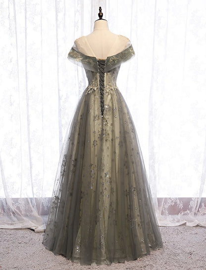 A-Line Evening Gown Elegant Dress Wedding Guest Engagement Floor Length Short Sleeve Illusion Neck Tulle with Pleats