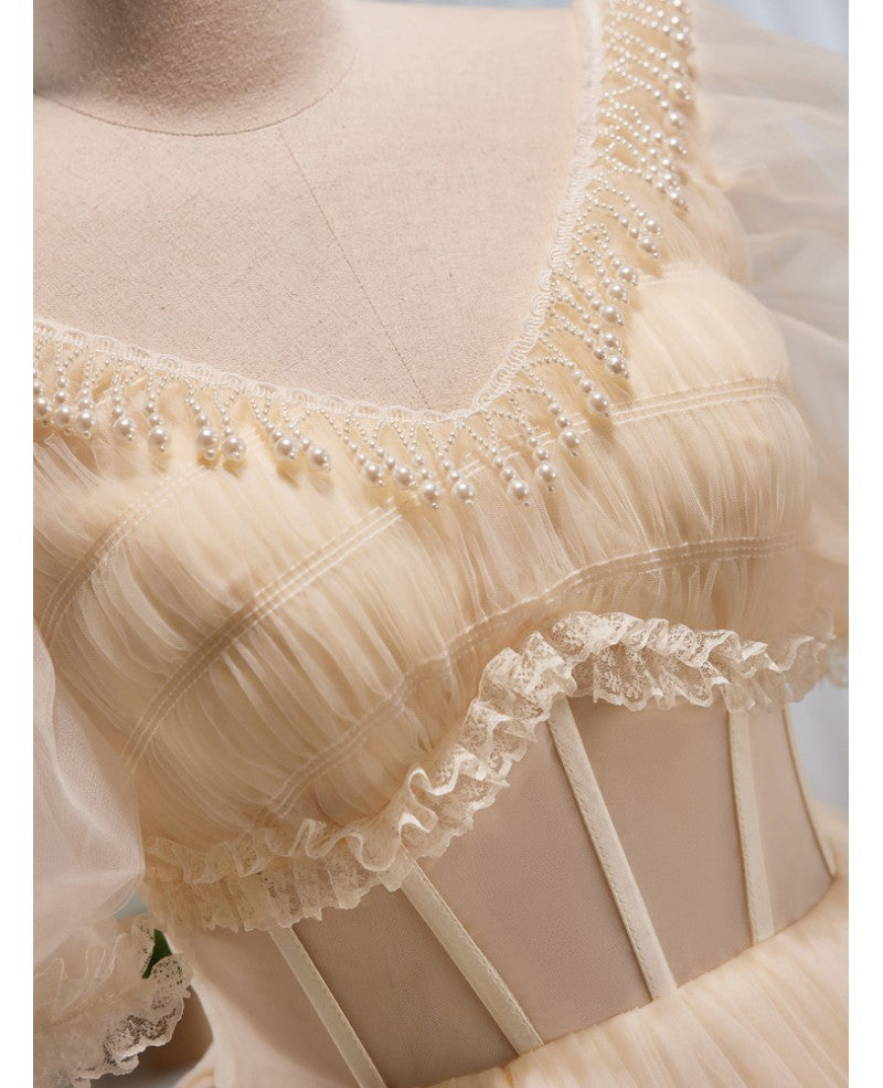 Beautiful champagne layered V-neck short sleeved ruffled evening dress, champagne princess pearl backless and floor length evening dress