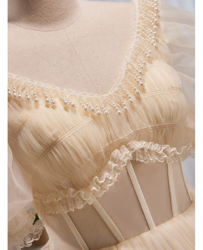 Beautiful champagne layered V-neck short sleeved ruffled evening dress, champagne princess pearl backless and floor length evening dress