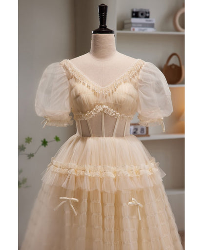 Beautiful champagne layered V-neck short sleeved ruffled evening dress, champagne princess pearl backless and floor length evening dress