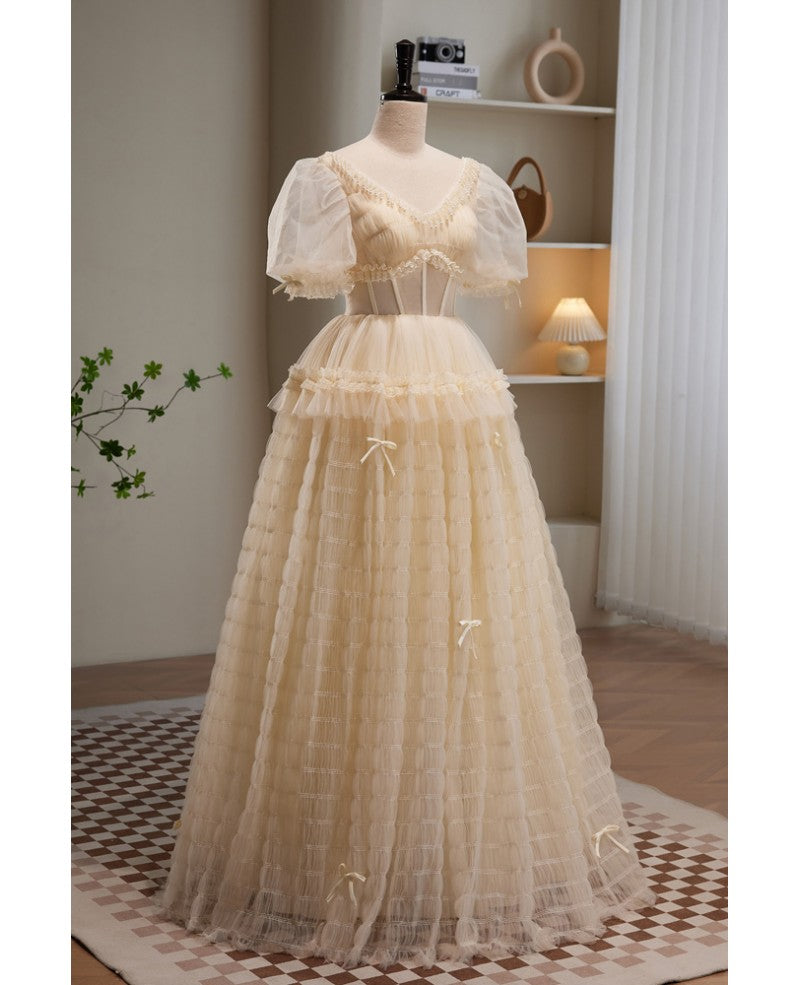 Beautiful champagne layered V-neck short sleeved ruffled evening dress, champagne princess pearl backless and floor length evening dress