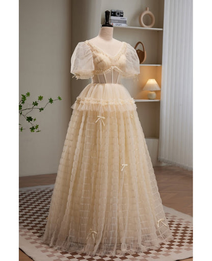 Beautiful champagne layered V-neck short sleeved ruffled evening dress, champagne princess pearl backless and floor length evening dress